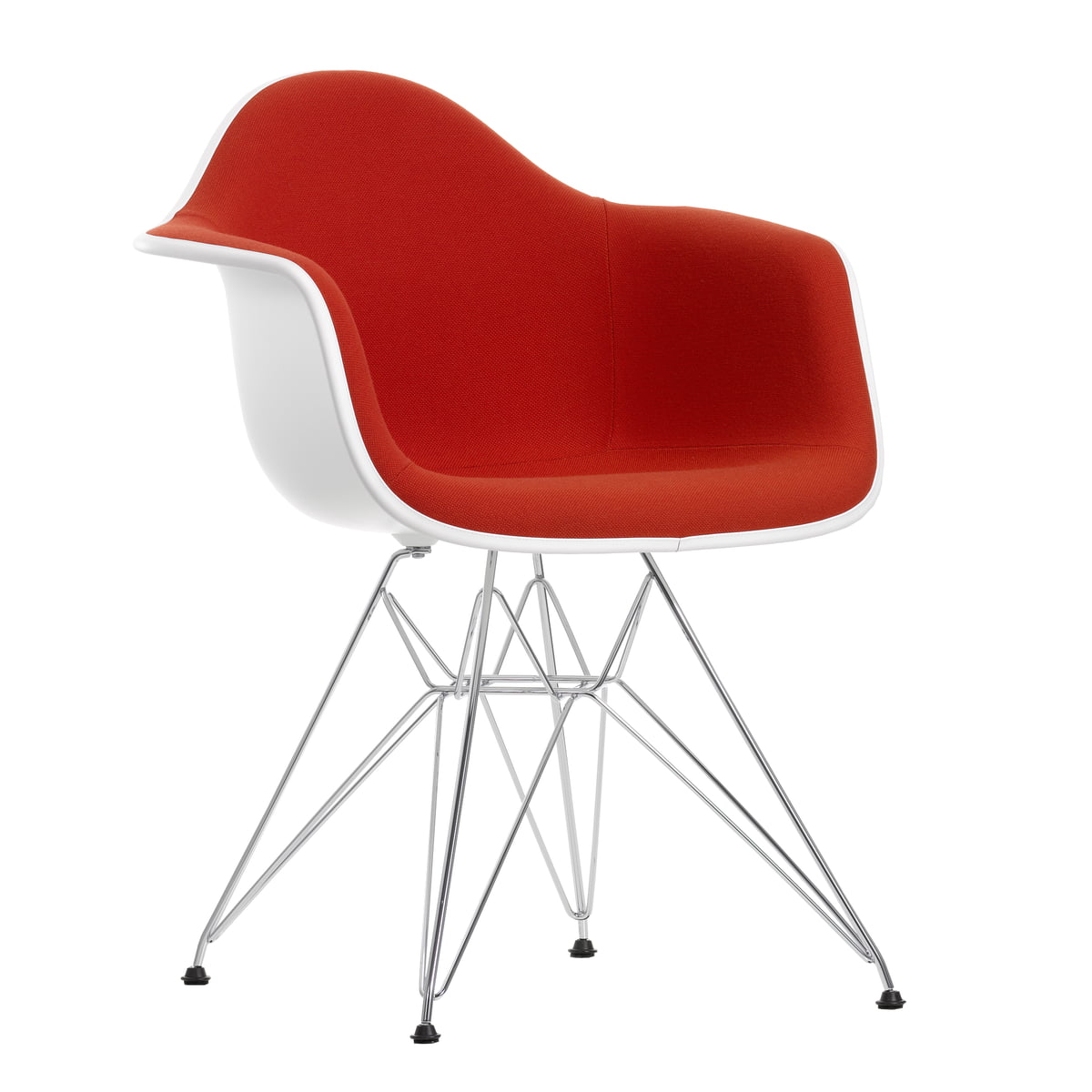 Vitra - Eames Plastic Armchair DAR (H 43 cm) Vollpolster, verchromt / weiß / Hopsak poppy red / Filzgleiter schwarz (Hartboden)