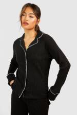 Womens Rib Long Sleeve Button Front Shirt - Black - 36, Black