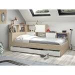 Bett mit Stauraum & Schublade + Lattenrost - 90 x 200 cm - Naturfarben & Weiß - armand - Naturfarben hell, Weiß