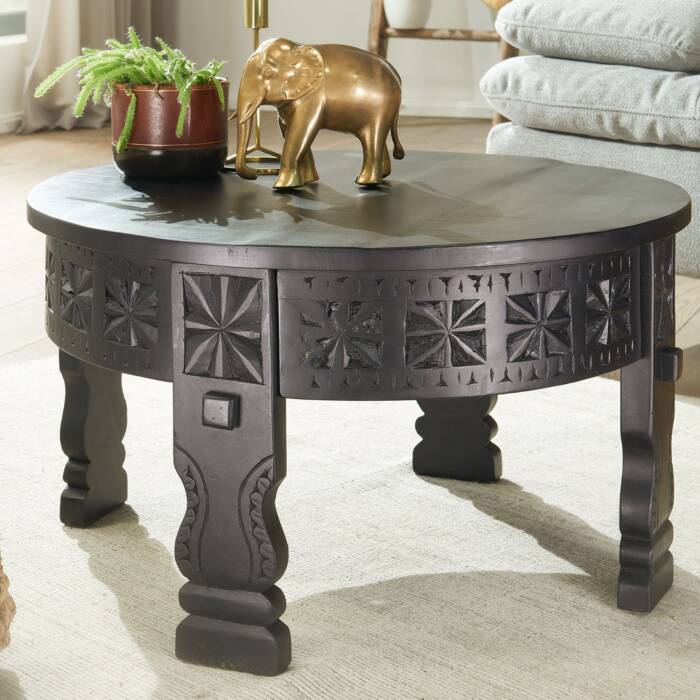FineBuy Design Couchtisch Mango Massivholz Sofatisch Rund Schwarz, Wohnzimmertisch Holz Salontisch Massiv, Tisch Wohnzimmer Orientalisch, Kaffeetisch Loungetisch