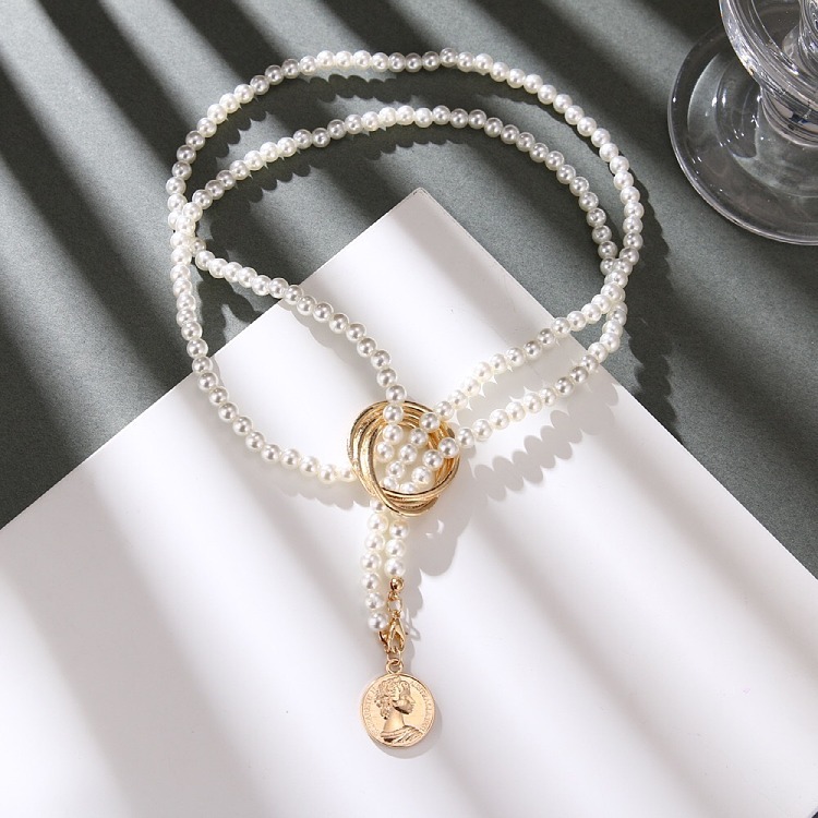 Retro Damen Perlenkette Weibliche Mode Mehrschichtige Muschel Knoten Perlenkette Halskette Münze Gold Y-förmige Halskette Kragen