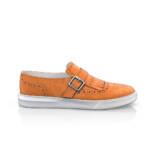 Sneaker Slipper Brogue für Herren - Handgemacht in Italien aus Veloursleder - Gelb-Orange , Fransen, Gürtel, Schlupf, Schnalle 21049