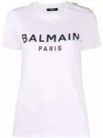 Balmain - Button-Embellished Logo-Print T-Shirt - Größe L - white