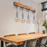 Hängeleuchte Holz Esstisch Lampe Küche hängend Retro Deckenleuchte Vintage Pendelleuchte 4 flammig, Schraubzwinge Metall verzinkt, E27, LxH 85 x 120