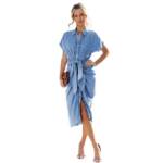 BlauWave Maxikleid Sommer-Damenkleid mit Hemdkragen geteilten Falten (1-tlg., schmale Passform, gewaschenes Denim-Midikleid) Sexy Sommerkleid Damen
