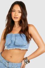 Womens Pocket Detail Fray Hem Denim Bandeau Top - Light Blue - 36, Light Blue