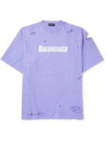 Balenciaga - Oversized Distressed Logo-Print Cotton-Jersey T-Shirt - Men - Purple - XS