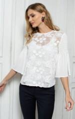 Passioni Blusentop Weiße Bluse mit Netzfront und Blumenstickerei