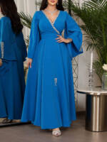 Blaues, elegantes Kleid mit Trompetenärmeln, V-Ausschnitt und Diamant-Intarsien an der Taille