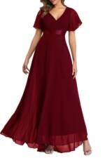 ENIX Abendkleid Damen-Abendkleid mit elastischem Bund und Glockenärmeln Faltenkleid mit V-Ausschnitt und fließendem Saum. Maxirock in A-Linie