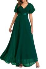 ENIX Abendkleid Elegantes Abendkleid mit Falten und Glockenärmeln und V-Ausschnitt Damen-Maxirock aus Mesh in A-Linie mit elastischem Bund