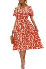 ENIX Dirndl Fließendes elegantes Boho-Kleid in A-Linie mit Blumendruck Damen-Taillen-Plissee-langes Sommer-Mini-Kurzarmkleid