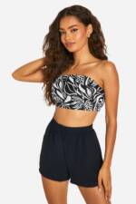 Geschnürtes Bandeau-Top Aus Leinen Mit Print - Black - 36, Black