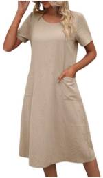 HWCTHFH A-Linien-Kleid A-linien-kleider damen midikleid damen sommer elegant Einfarbiges, lockeres Kleid aus Baumwolle und Leinen