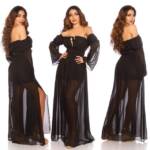 Koucla Off-Shoulder-Kleid schwarz lang mit Schlitz sexy Carmen Ausschnitt sexy transparenter Rock