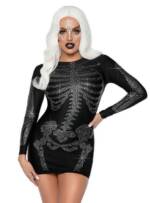 Leg Avenue Kostüm Skelett Strasskleid schwarz, Knappes, enganliegendes Langarmkleid mit glitzernden Knochen