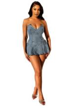 SEGUEN Sommerkleid Stretch Denim Kurzes Kleid Wickelkleid Sexy Kleider (Französisches Jeanskleid mit V-Ausschnitt und Falten, Einzelpackung)