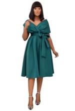 SEGUEN Sommerkleid V-Ausschnitt Trägerlose Kurzarm-Kleider Damen-Kleider (Kleid mit Gürtel und Schleife)