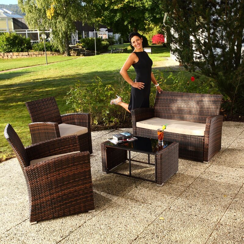 Sitzgarnitur 4 tlg. Rattan Sofa Garten Sessel Lounge Essgruppe Rattanmöbel - Melko