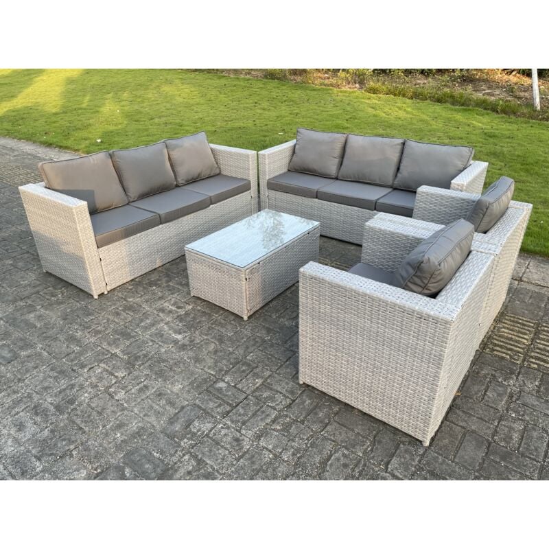 8-Sitzer Rattan Gartenmöbel Set Rattan Sofa Set mit 3-Sitzer Sofa 2 Sessel Couchtisch Helles Grau - Fimous