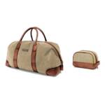 DRAKENSBERG Reisetasche Weekender "David" & Kulturbeutel "Glen" Khaki-Beige, aus Canvas und Büffelleder, Bundle, für Damen und Herren