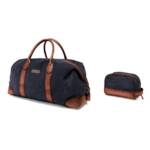 DRAKENSBERG Reisetasche Weekender "David" & Kulturbeutel "Glen" Marine-Blau, aus Canvas und Büffelleder, Bundle, für Damen und Herren