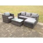 Fimous Lounge Rattan Sofa Set Gartenmöbel im Freien mit Einzelarmstuhl und rechteckigem Couchtisch mit großem Fußhocker