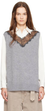 3.1 Phillip Lim Gray & Off-White Knit Combo Lace Long Sleeve Shirt