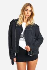 Denim Bikerjacke Mit Gürtel - Washed Black - 32, Washed Black