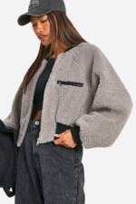 Gerippte Kontrast Teddy-Bomberjacke - Grey - 34, Grey