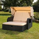 Mucola - Polyrattan Bett in schwarz inkl. Sonnendach Rattan Sofa Gartenliege Strandkorb