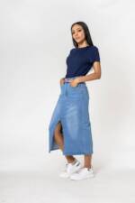 Nina Carter Sommerrock Langer Jeansrock mit Schlitz Stretch Denim Midi Rock 7554 in Hellblau