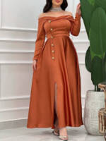 Orange elegantes Kleid aus Satin mit Halsausschnitt