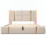 Rutaqian Stauraumbett Polsterbett 140×200 Mit Matratze Doppelbett mit LED, USB Type C, (Mit oder ohne Matratze), modern Stil, Mit Lattenrost und Kopfteil, aus Holz, Linen, Beige