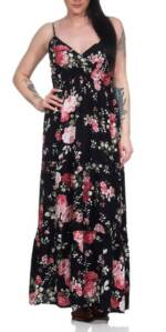 Maxikleid Damenkleider lange Sommerkleider luftige Maxi Kleider mit Rosen mit Blumendruck, verstellbare Spaghettiträger, Herzausschnitt, Maxikleid Länge: 132-135cm, Raffung Taillenbereich