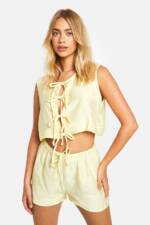 Ärmellose Bluse In Leinen-Optik Mit Schnür-Detail & Shorts - Lemon - 38, Lemon