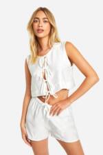 Ärmellose Bluse Mit Knoten & Shorts Im Leinen-Look - White - 40, White