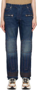 Balmain Navy Straight-Leg Biker Jeans