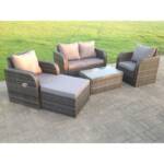 Fimous - Balkonmöbel Set 5-Sitzer Polyrattan Garten Sofa Outdoor Gartenmöbel Sitzgruppe Lounge Loveseat mit Kissen,Hocker,Couchtisch Dunkelgrau