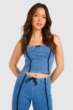 Geripptes Bandeau-Top Mit Acid-Waschung Und Schleifen-Detail - Denim-Blue - 38, Denim-Blue