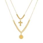 KARMA Kette mit Anhänger 2lagige Halskette Gold 18 Karat Edelstahl Damen Kette Kreuz (Edelstahlhalskette Damenschmuck), vergoldete Damenhalskette modern mit Anhänger