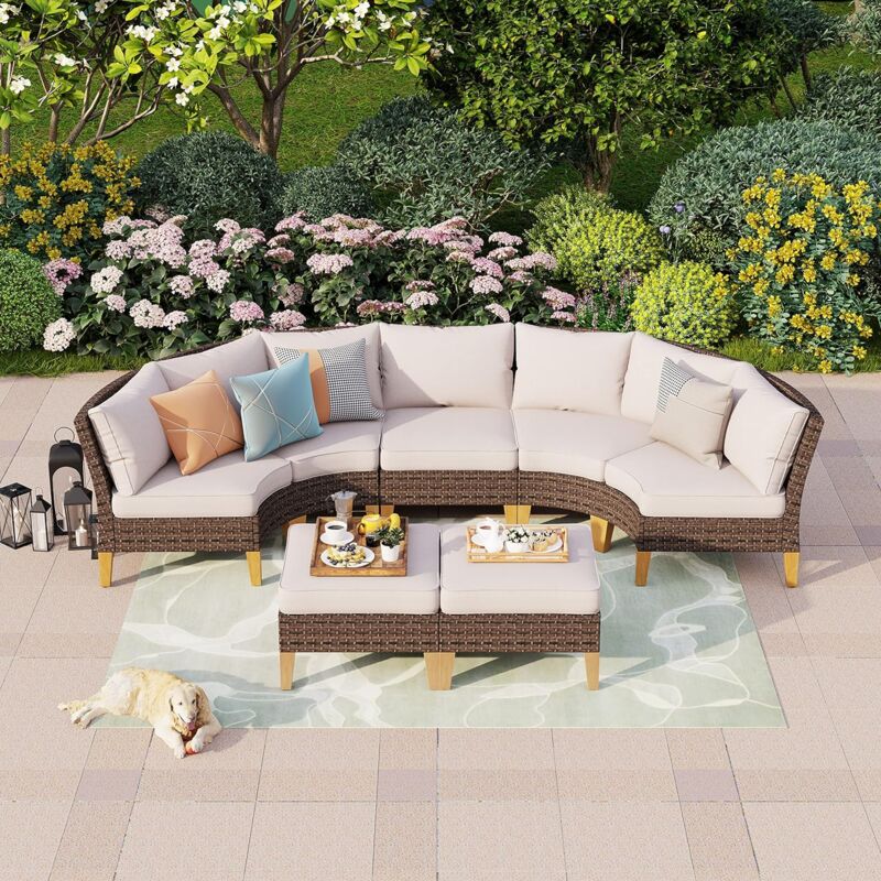 Rattan Garten Loungemöbel Set für 5-7 Personen Gartensofa Balkonmöbel Sitzgruppe Terrasse Outdoor Balkon Sofa Sessel Hocker Ottomane mit Sitzkissen