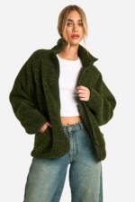 Strukturierte Oversize Teddy-Jacke Mit Reißverschluss - Khaki - 34, Khaki