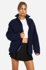 Strukturierte Oversize Teddy-Jacke Mit Reißverschluss - Navy - 34, Navy