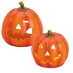 matches21 HOME & HOBBY Dekofigur Jack O Lantern Kürbis LED Windlichter 2er Set als Halloween-Deko (2 St), 10-14 cm große Ton Deko-Kürbisse als Herbst-Deko Wohnzimmer-Deko