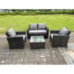 4-Sitzer Dunkelgrau Gemischt Hoher Rücken Rattan Sofa Set mit Quadratisch Couchtisch Gartenmöbel Sitzgruppe - Fimous