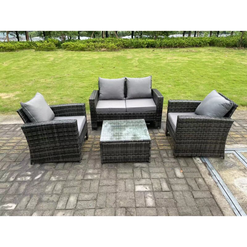 4-Sitzer Dunkelgrau Gemischt Hoher Rücken Rattan Sofa Set mit Quadratisch Couchtisch Gartenmöbel Sitzgruppe - Fimous