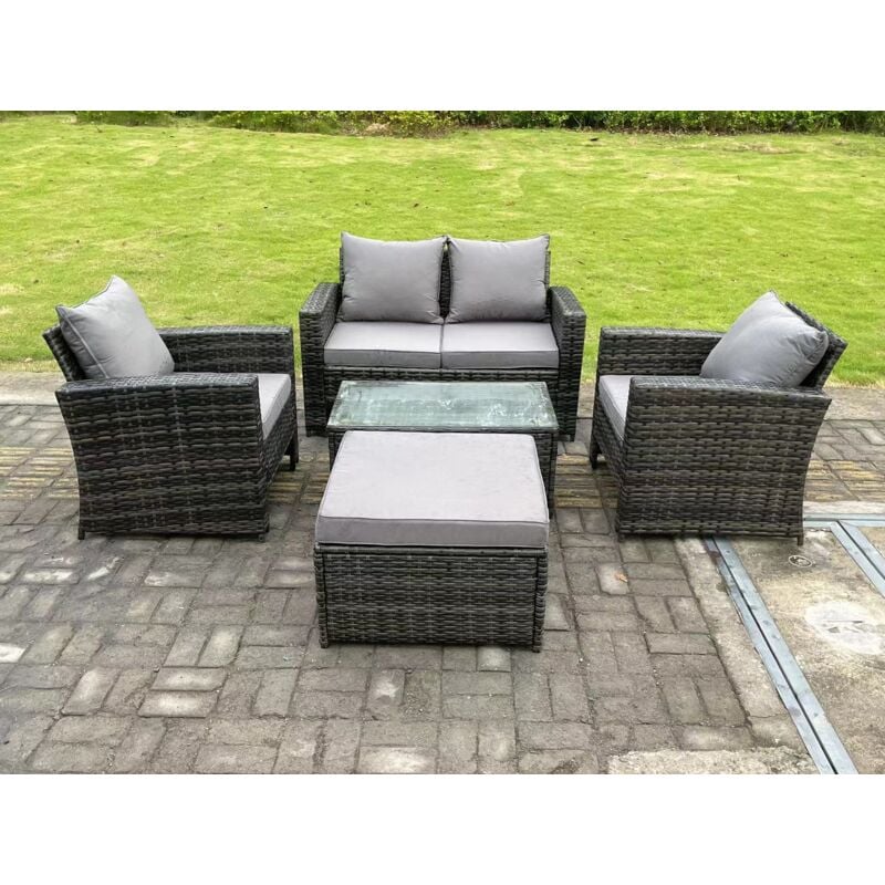 5-Sitzer Dunkelgrau Gemischt Hoher Rücken Rattan Sofa Set mit Rechteckig Couchtisch Gartenmöbel Sitzgruppe - Fimous