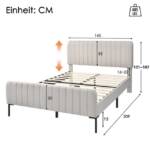 BlingBin Einzelbett Polsterbett Doppelbett (1-tlg., mit Lattenrost, Grau-Beige), Verstellbares Kopfteil, Mit Matratze, 140 x 200 cm