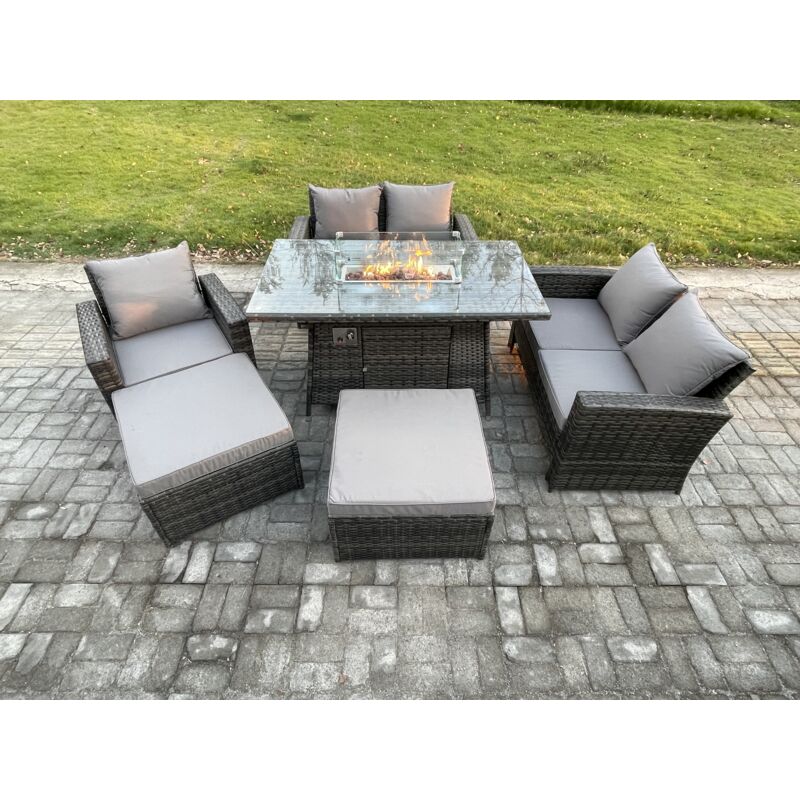 Fimous - 7-Sitzer Polyrattan Gartenmöbel Set Garten Sofa im Freien Stuhl Gasfeuerstelle Esstisch Set mit 2 Großer Fußhocker Doppelsitz-Sofa Sessel